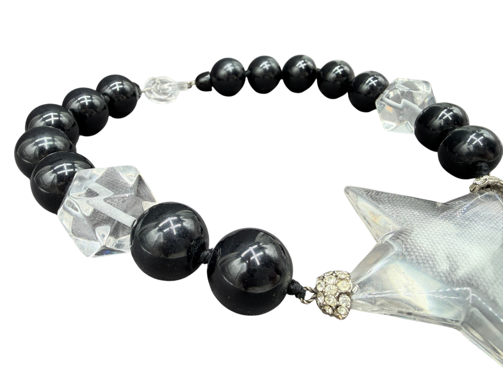 Rare 1980s Amen Wardy Black & Clear Lucite Beaded Necklace and Earring Set with Star Detail
