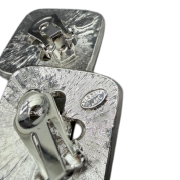 1980s Kenneth Jay Lane Silver-Tone Diamond Shape Clip Earrings with Yellow Lucite & Rhinestone Pavé