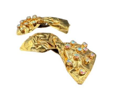 Rare 1980s Haute Couture Gianni De Liguoro Gold Crinkle Bow Hair Barrettes with AB Swarovski Rhinestones