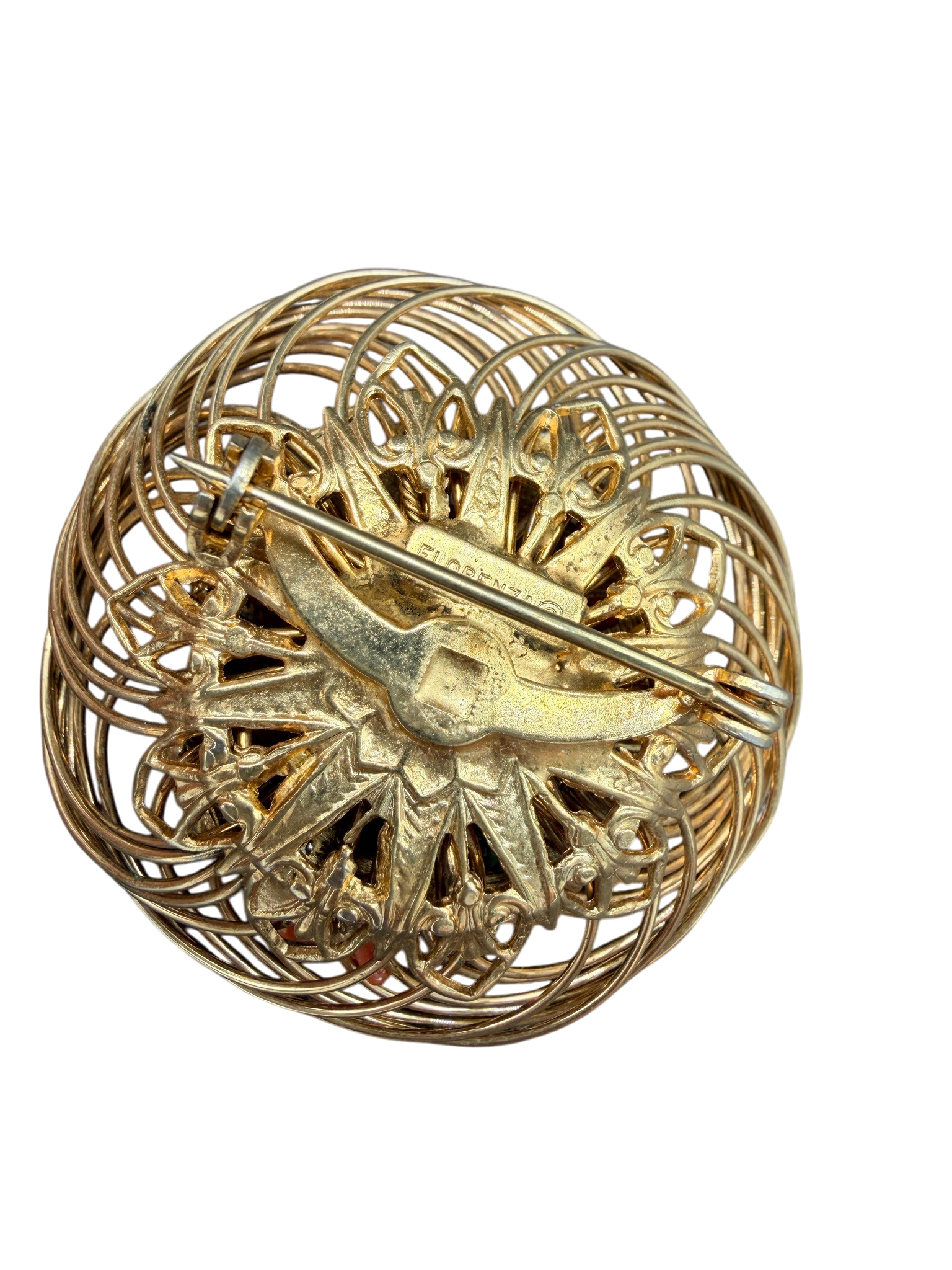 1950s Florenza Gold-Tone Bird’s Nest Brooch with Coral and Pearl Cluster