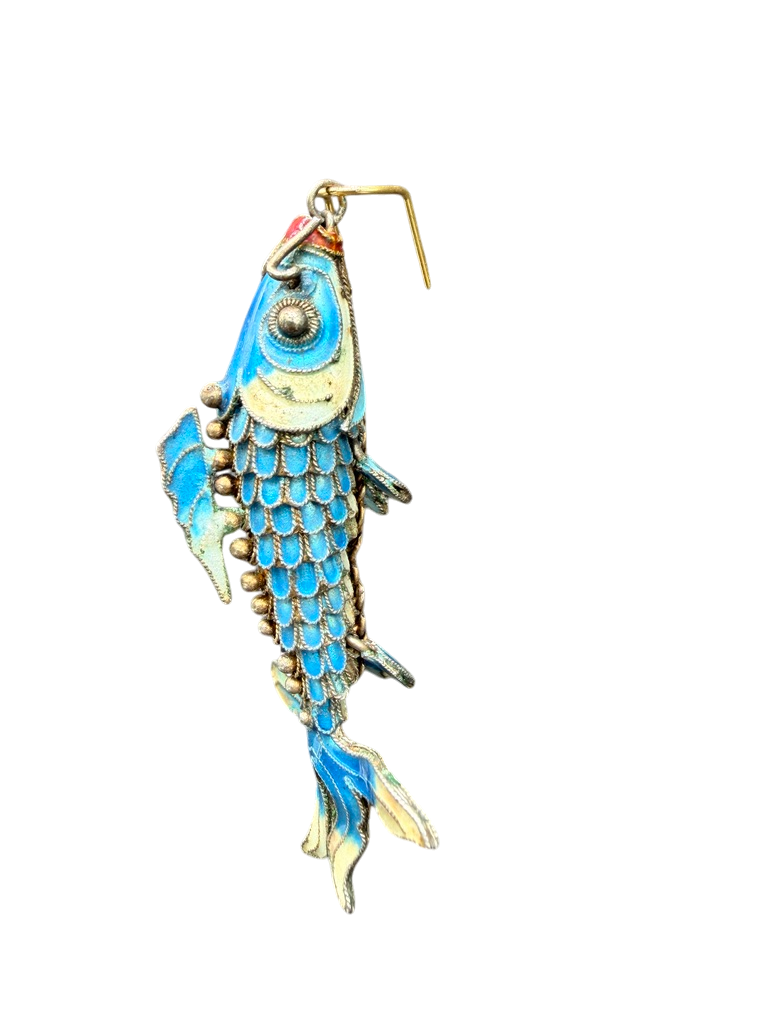 1920s Sterling Silver Aqua Cloisonné Enamel Articulated Koi Fish Brooch