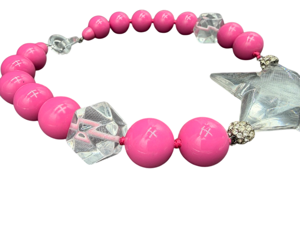 Rare 1980s Amen Wardy Pink & Clear Lucite Beaded Necklace with Star Detail