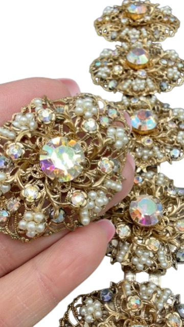1950s Miriam Haskell AB Rhinestone & Faux Seed Pearl Statement Bracelet & Earring Set (Rare)