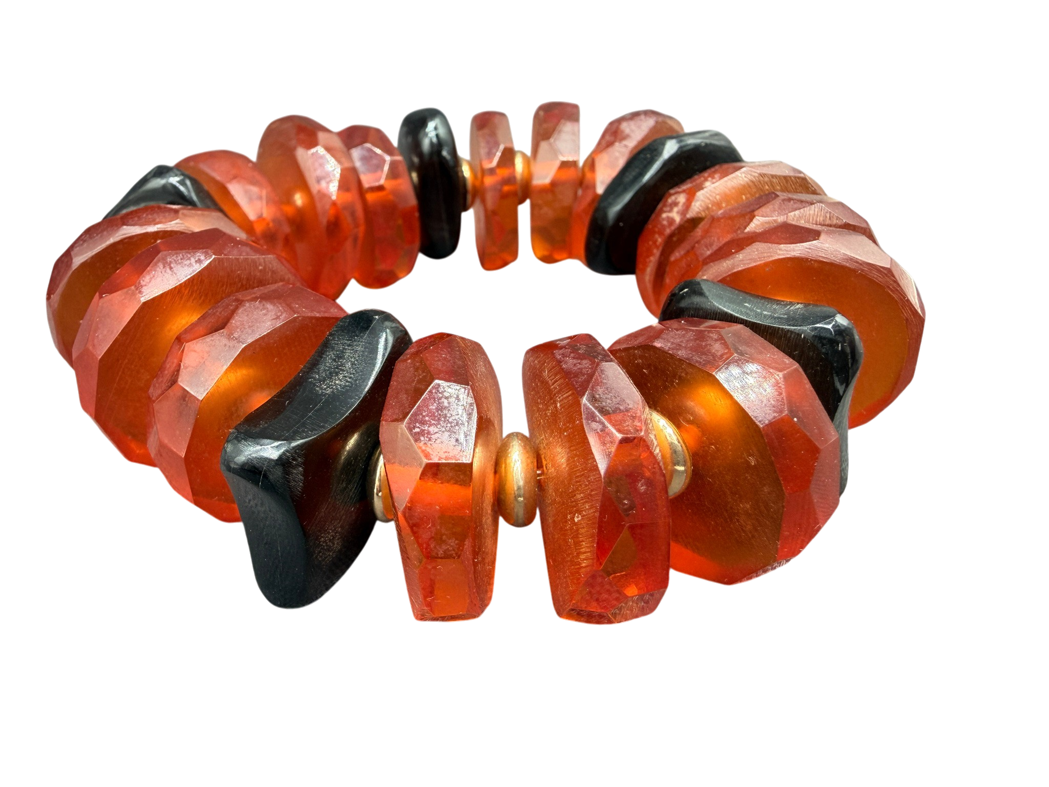 1960s Baltic Amber Stretch Bracelet with Faceted Discs and Gold Spacers