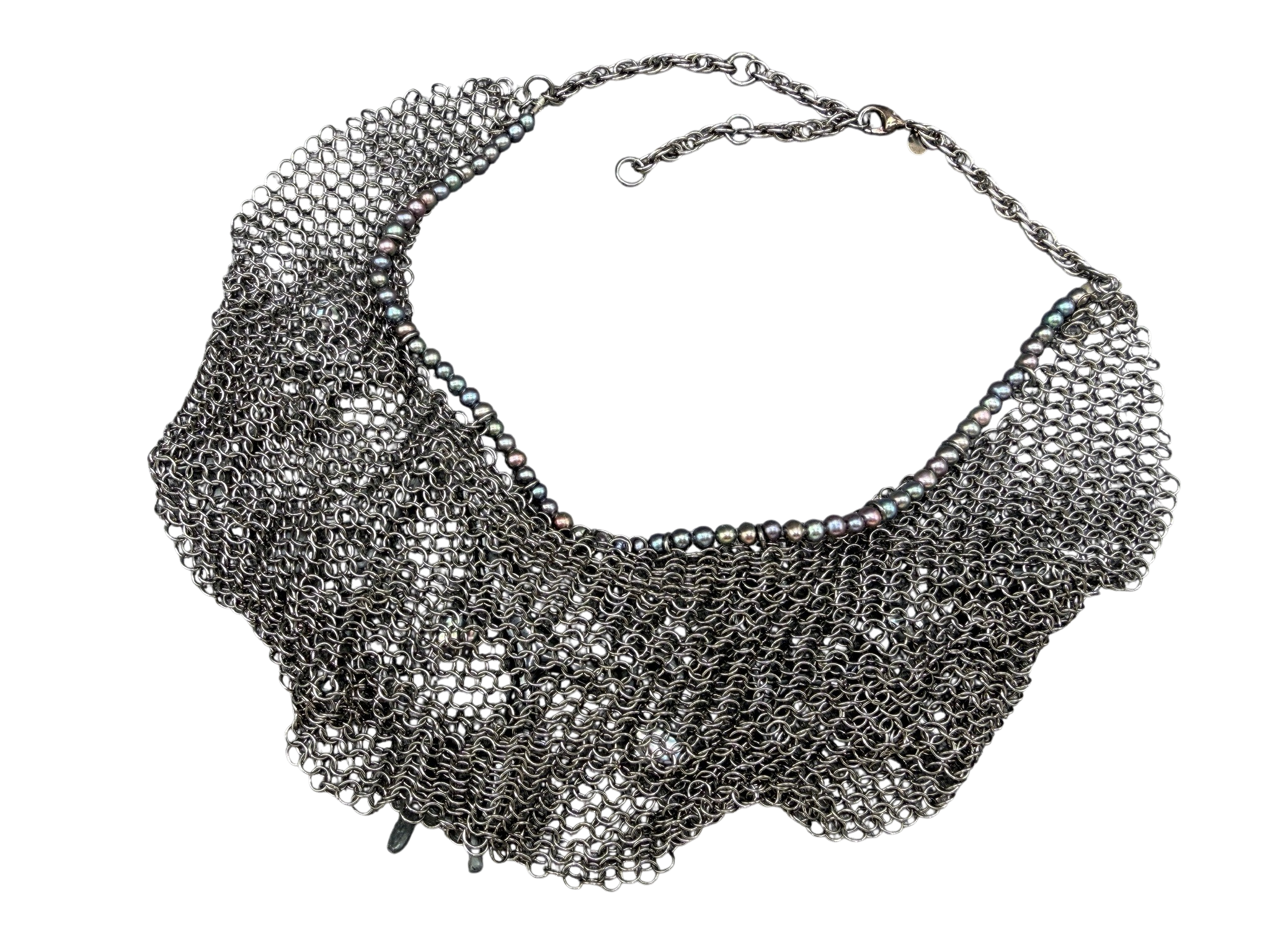 Rare 1980s Alexis Bittar Gunmetal Chain Mail Bib Necklace with Coral & Resin Peacock Accents