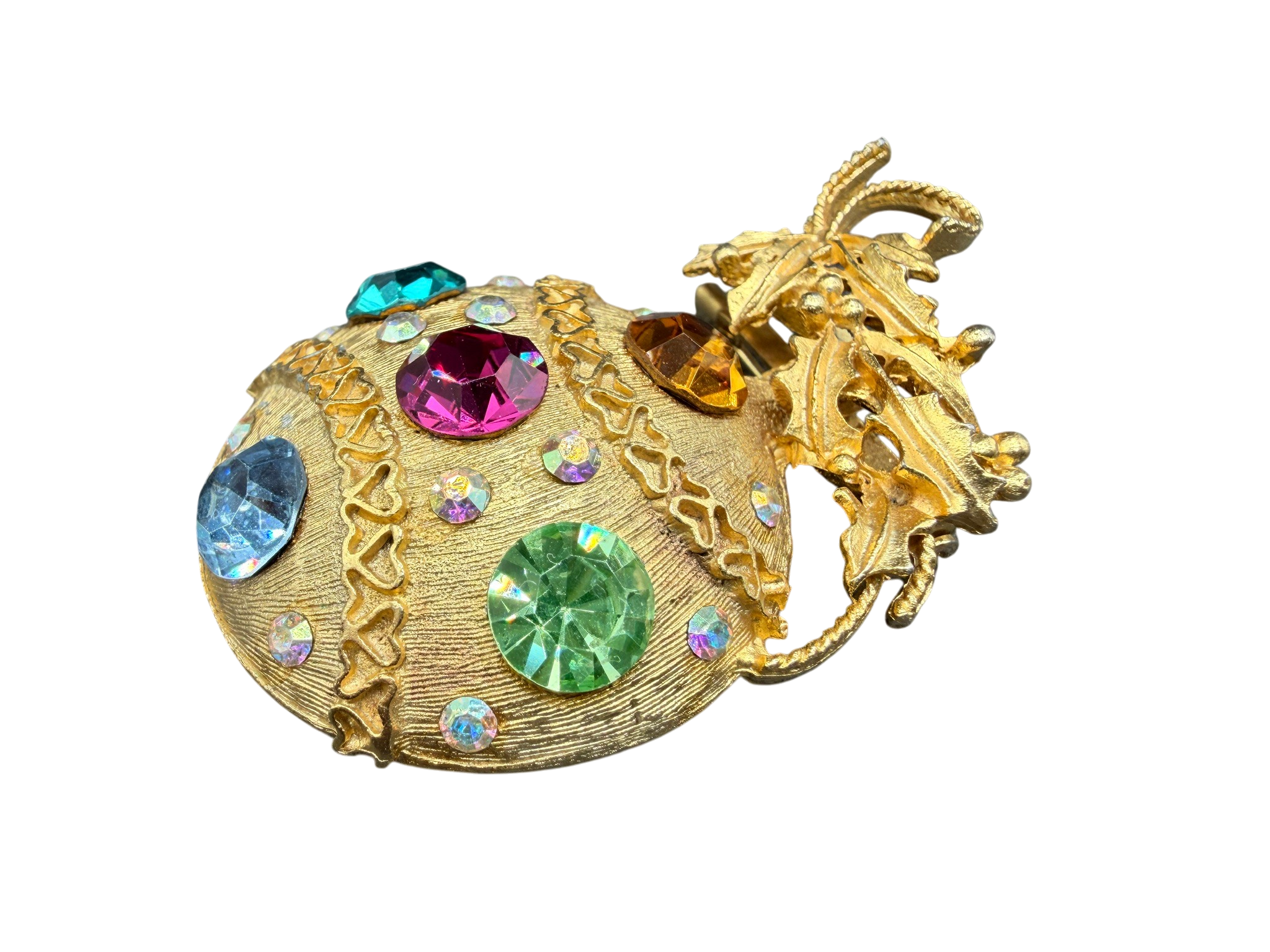 1960s Gold-Tone Holly Branch Brooch with Rhinestone Ornament Detail