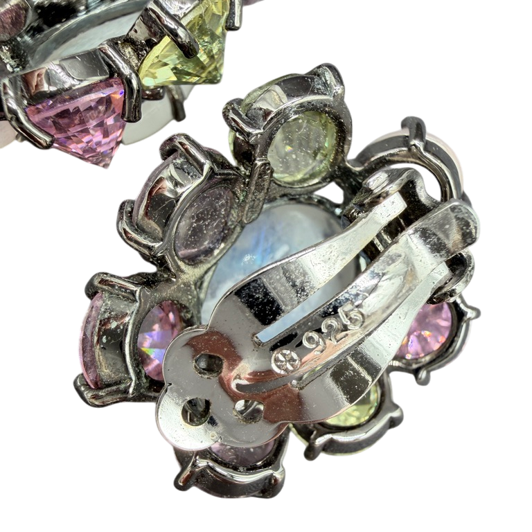 1980s Sterling Silver Teardrop Moonstone Clip Earrings with Pastel Crystals and Morganite