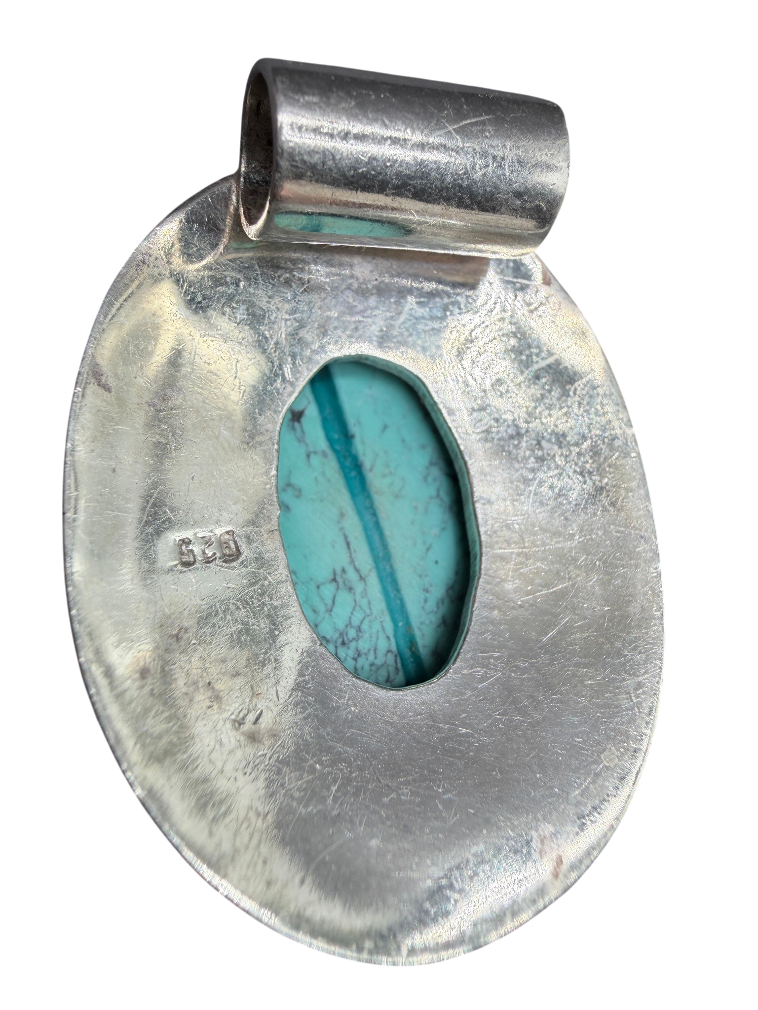 Sterling Silver Double-Band Oval Pendant with Natural Turquoise Center