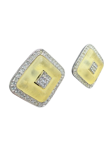 1980s Kenneth Jay Lane Silver-Tone Diamond Shape Clip Earrings with Yellow Lucite & Rhinestone Pavé