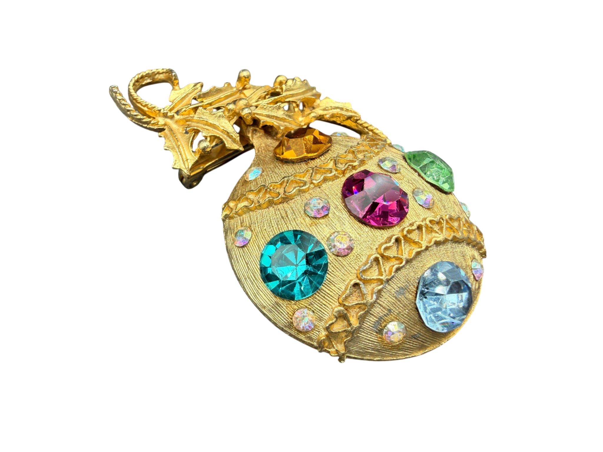 1960s Gold-Tone Holly Branch Brooch with Rhinestone Ornament Detail