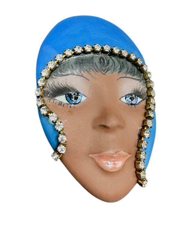 1980s Norma Hand-Painted Porcelain Face Brooch with Rhinestone Detail