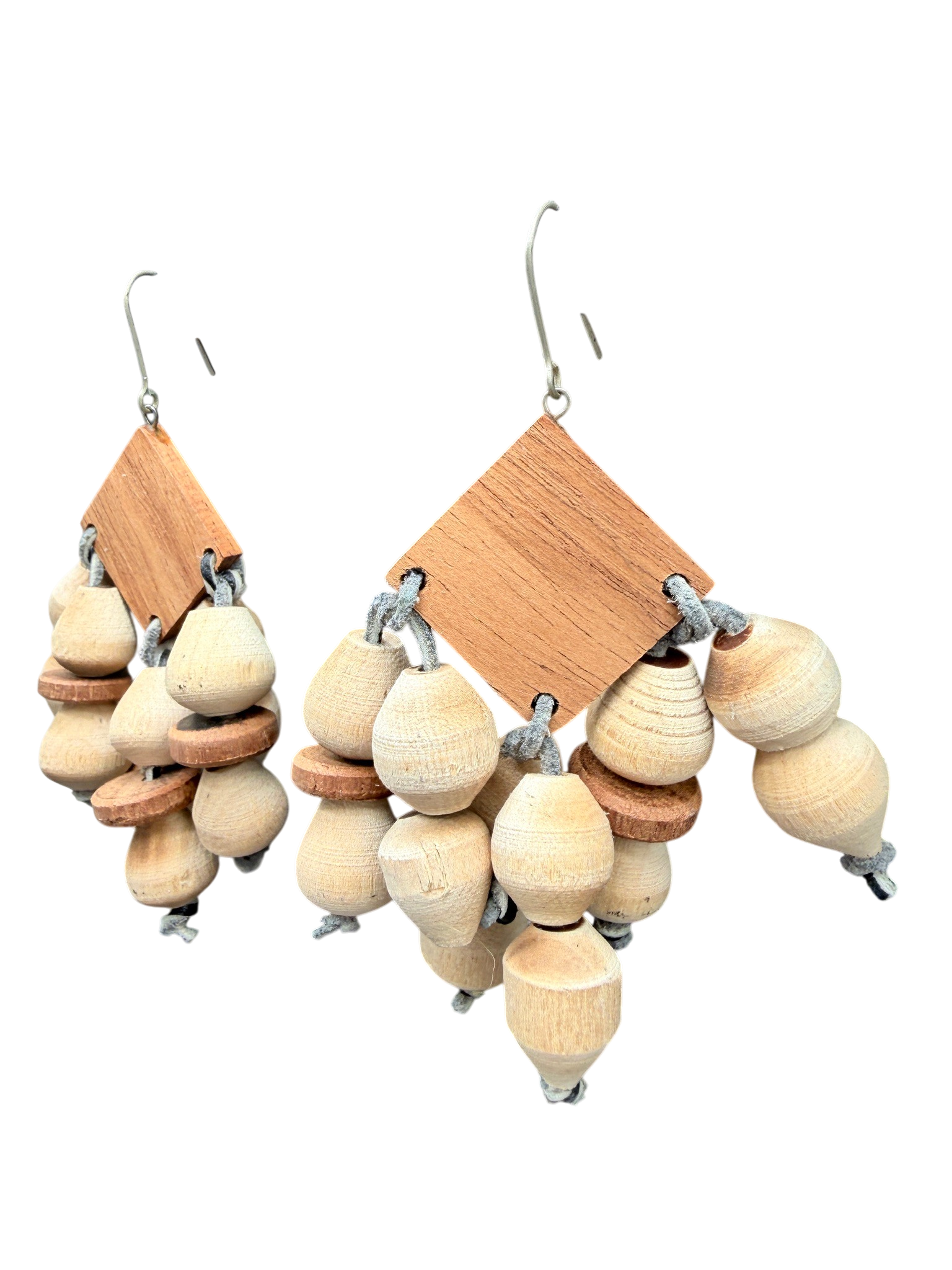 1970s Wooden Bead Dangle Earrings with Leather Straps