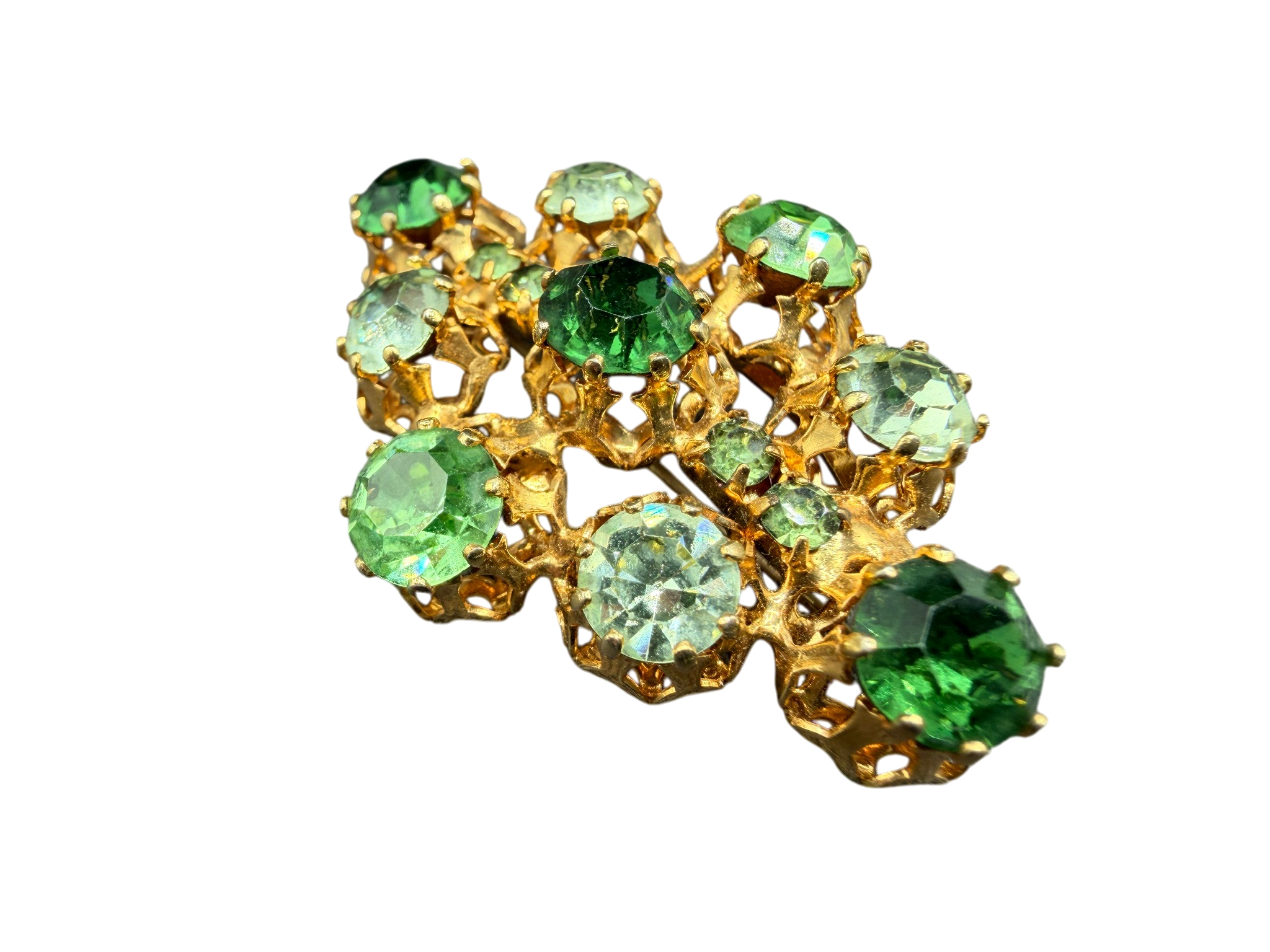 1950s Made in Austria Gold-Tone Diamond-Shaped Brooch with Green Austrian Crystals
