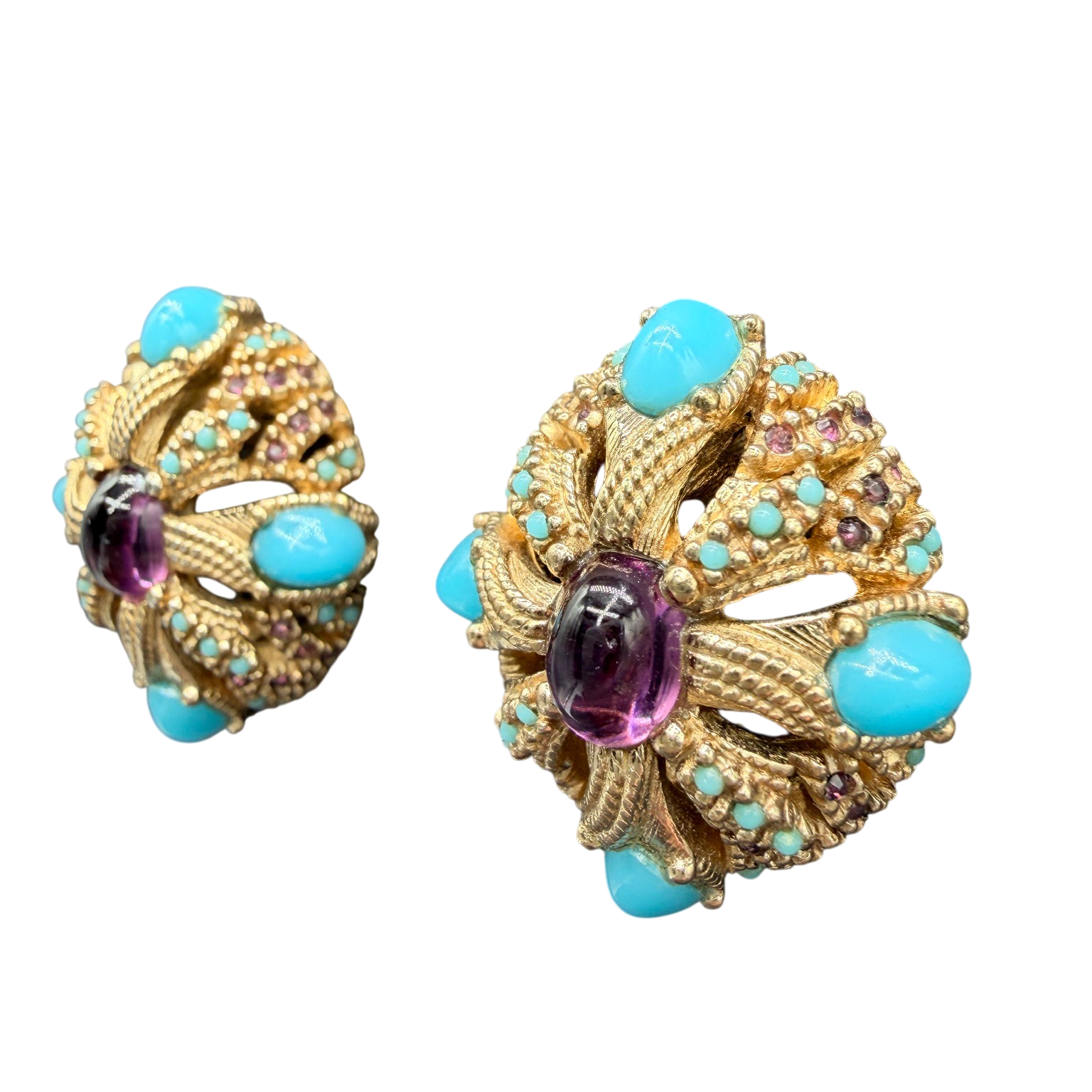 1960s Ciner Gold-Tone Openwork Clip Earrings with Purple Glass and Turquoise Detail
