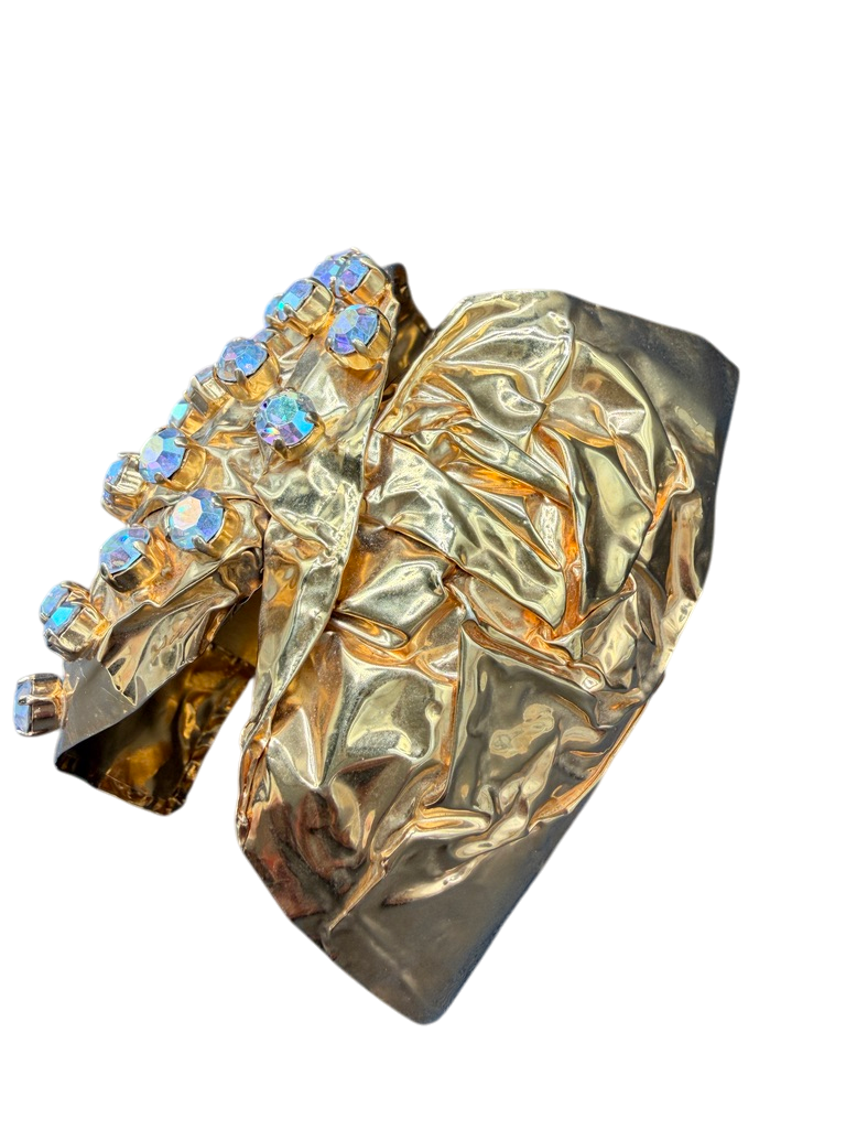 Rare 1980s Haute Couture Gianni De Liguoro Gold Crinkle Bow Cuff Bracelet with AB Swarovski Rhinestones