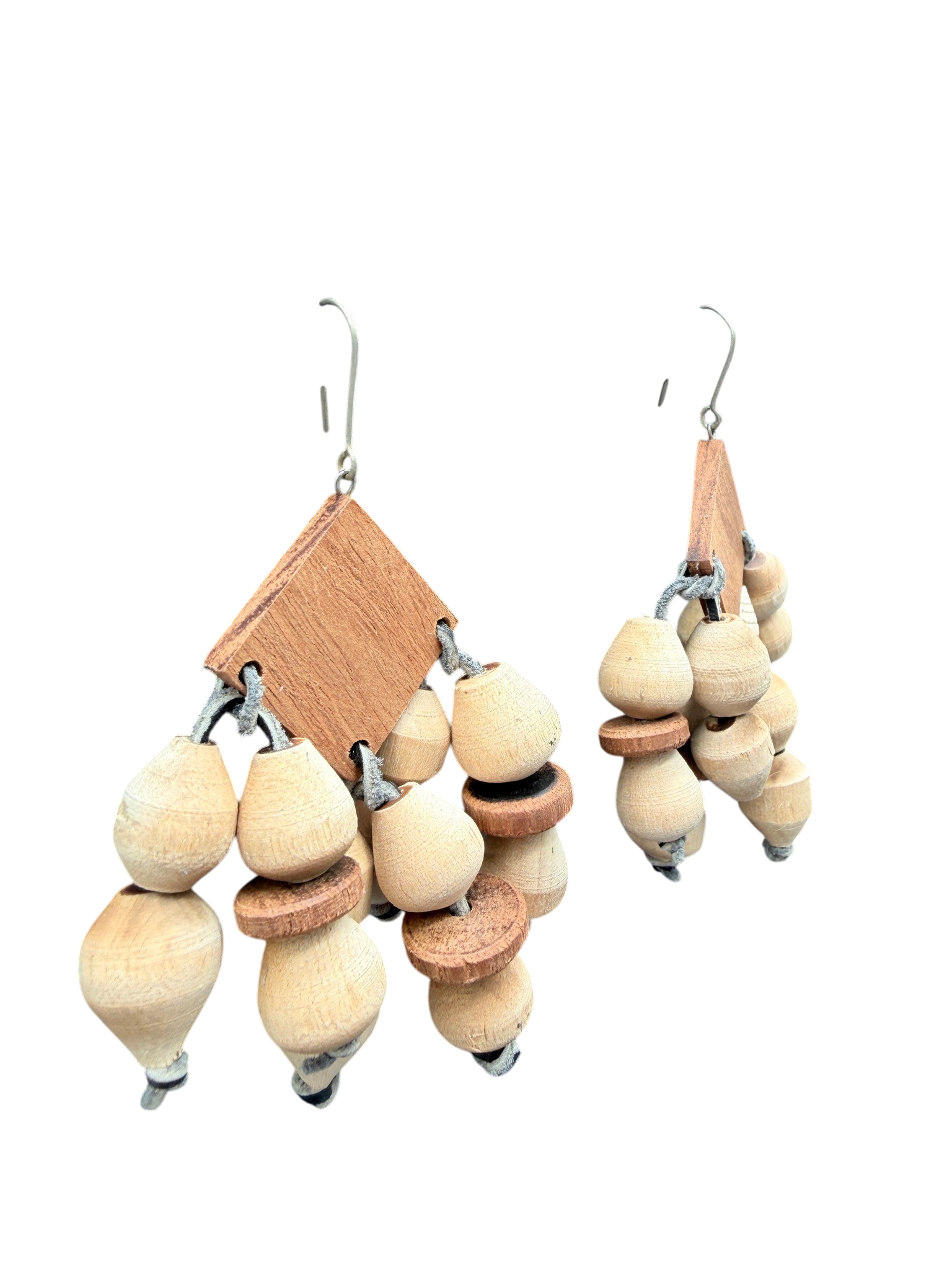 1970s Wooden Bead Dangle Earrings with Leather Straps