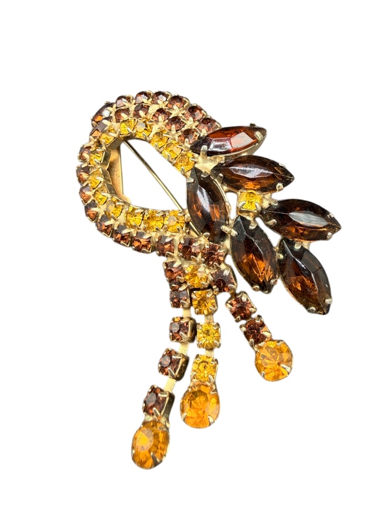 1960s Austrian Crystal Amber Oval Brooch with Triple Tassel Detail