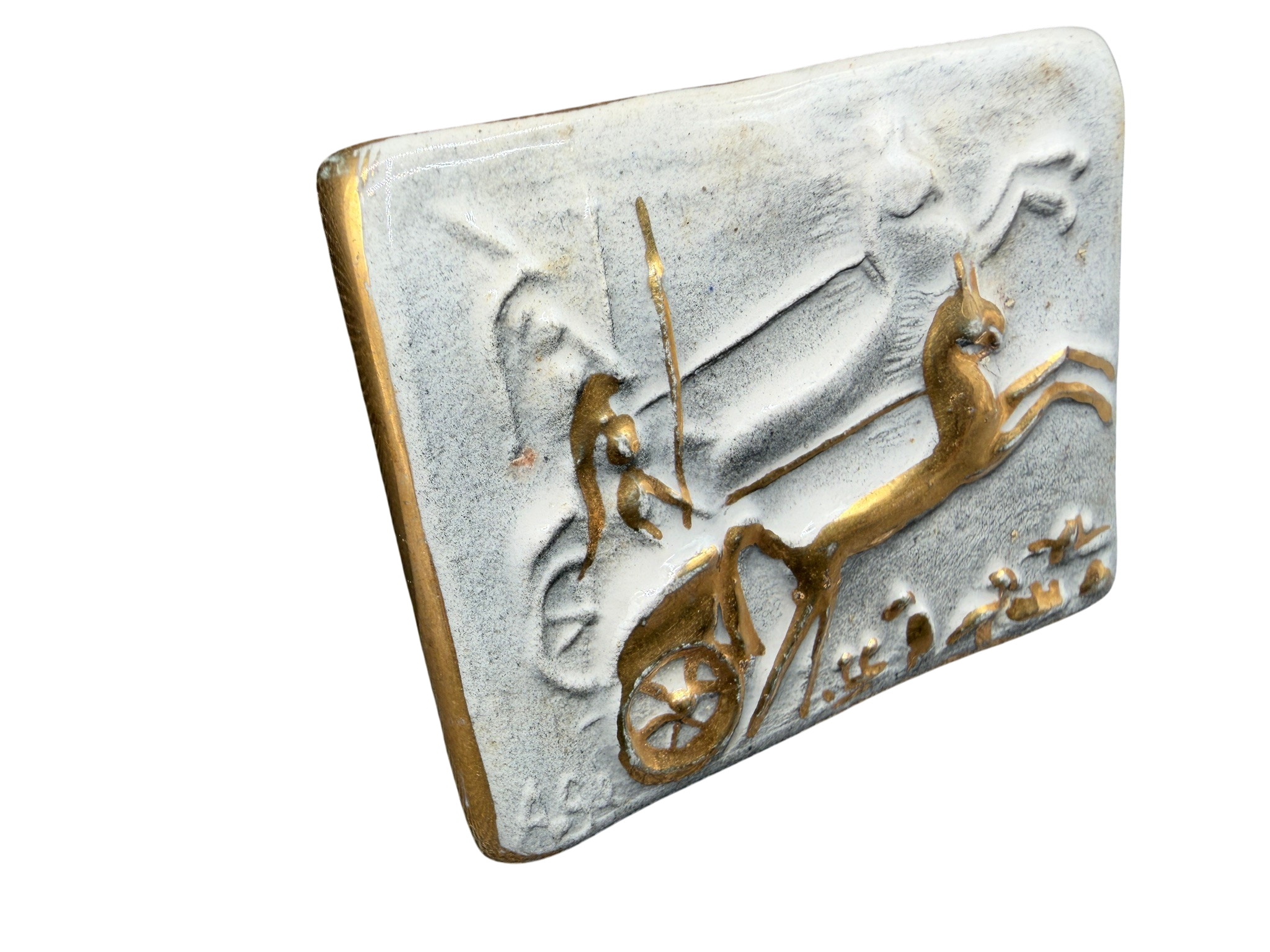 1940s Ceramic Roman Chariot Brooch with Gold Paint Detail
