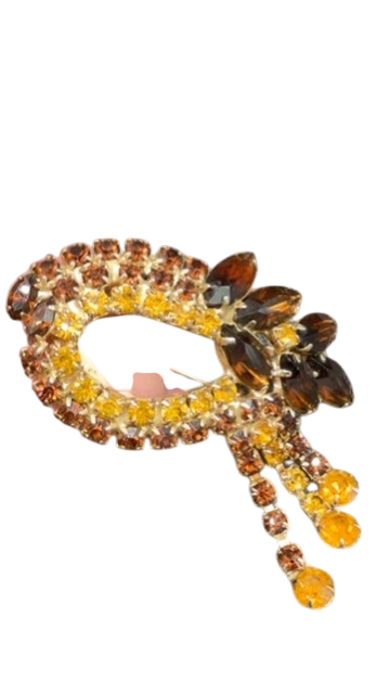 1960s Austrian Crystal Amber Oval Brooch with Triple Tassel Detail