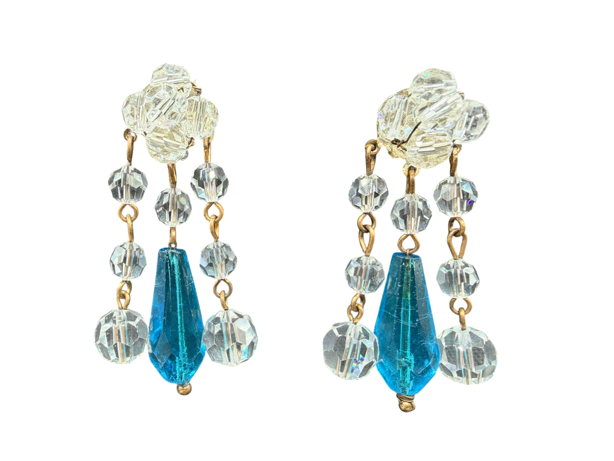 1950s Lead Crystal 5-Strand Necklace with Teal Teardrops and Matching Earrings