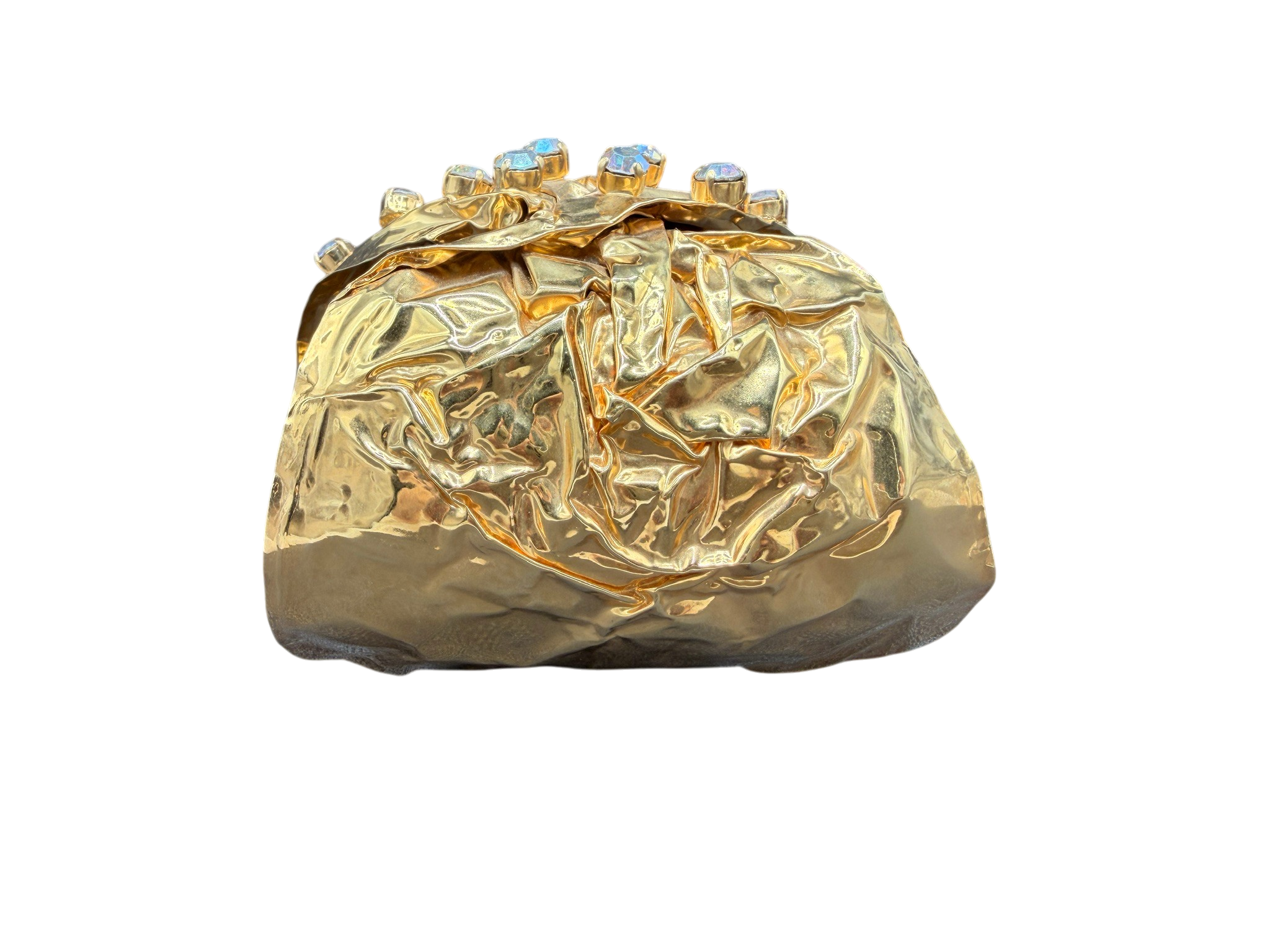 Rare 1980s Haute Couture Gianni De Liguoro Gold Crinkle Bow Cuff Bracelet with AB Swarovski Rhinestones