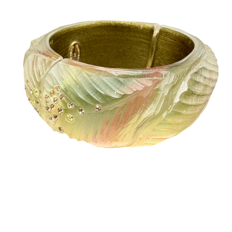 1990s Alexis Bittar Hand-Carved Lucite Leaf Clamper Bangle with Swarovski Crystals