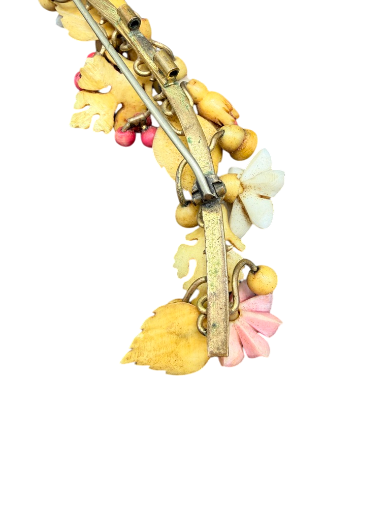 Antique 1900s Carved Bone Brooch with Henna-Dyed Floral Design