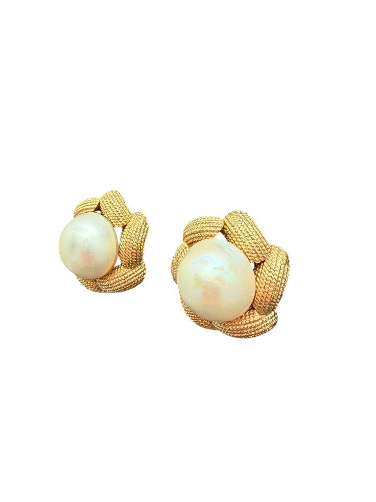 1980s 14K Gold Rope Knot Clip Earrings with Akoya Pearl Centers