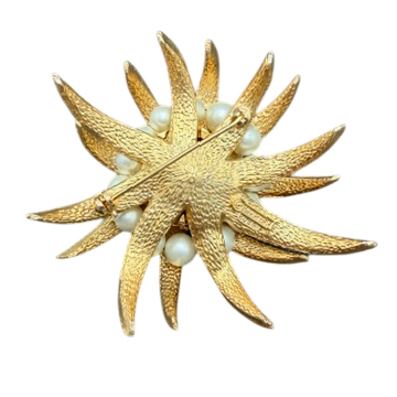 1960s Boucher Gold-Tone Spiked Leaf Tiered Brooch with Faux Pearls