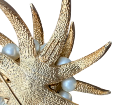 1960s Boucher Gold-Tone Spiked Leaf Tiered Brooch with Faux Pearls