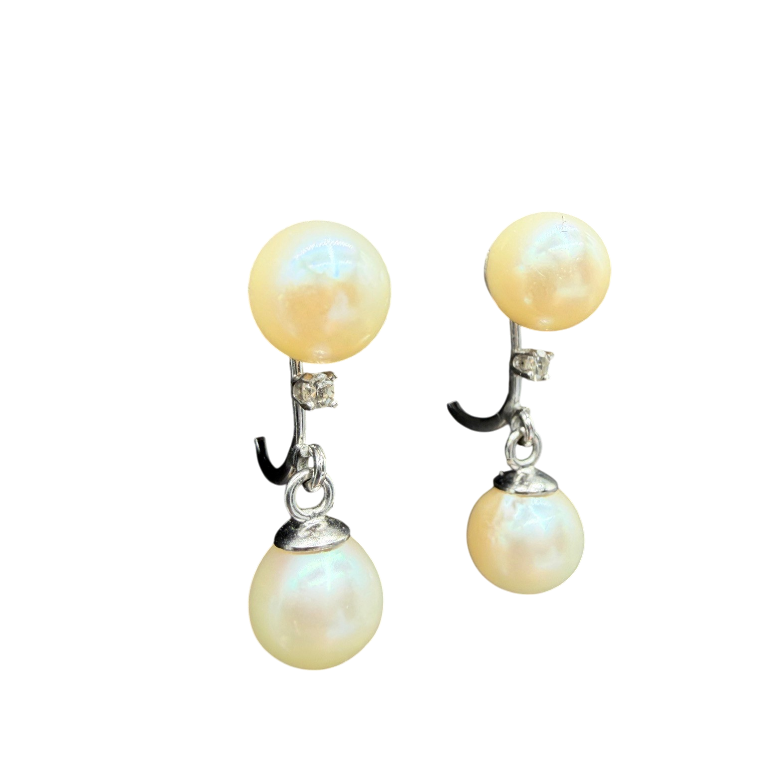 1960s 14K White Gold Pearl Drop Earrings with Diamond Studs