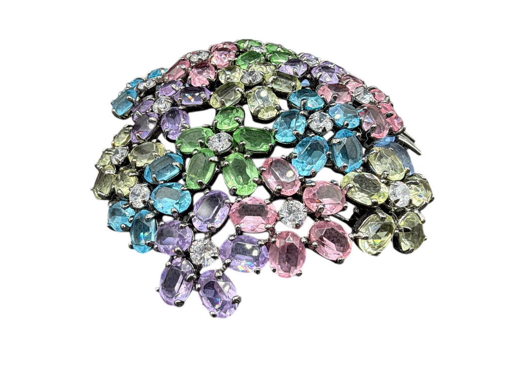 1980s Statement Sterling Silver Pastel Swarovski Crystal Flower Bouquet Brooch