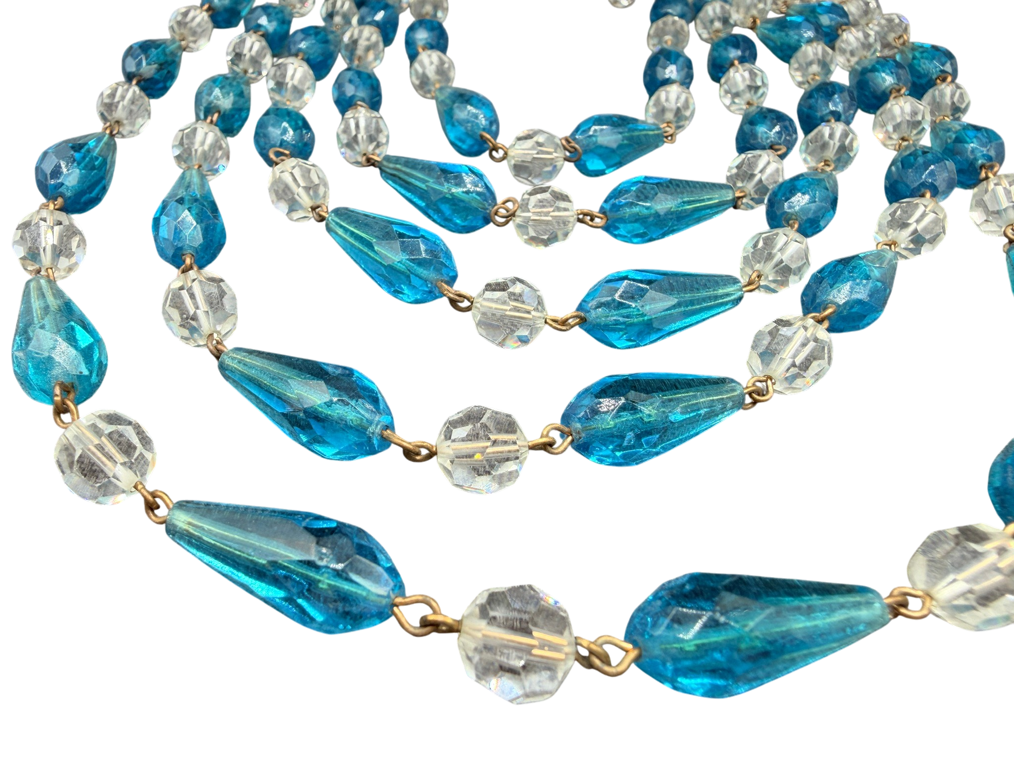 1950s Lead Crystal 5-Strand Necklace with Teal Teardrops and Matching Earrings