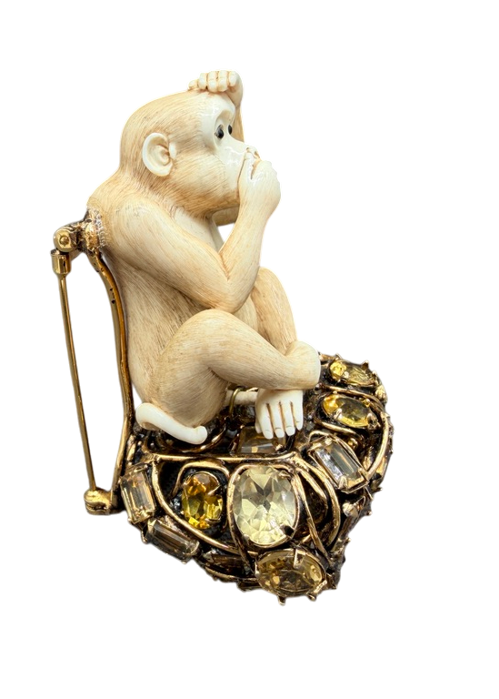1990s Iradj Moini “Speak No Evil” Bone Monkey Brooch with Smoky Quartz