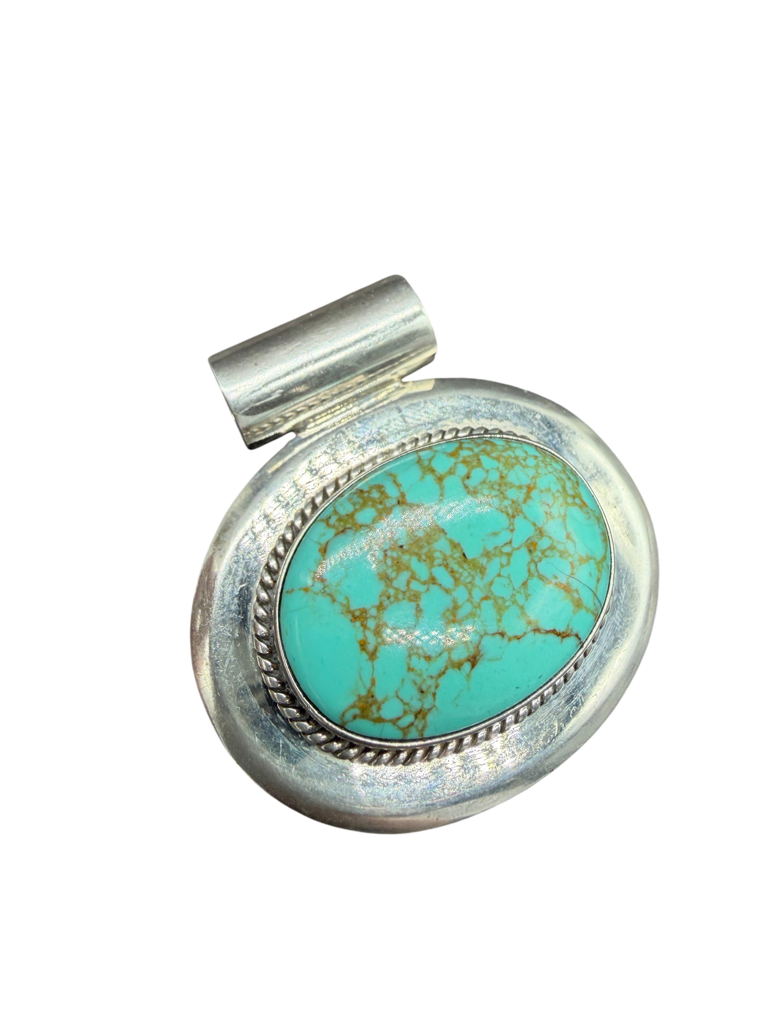 1980s Sterling Silver Oval Pendant with Turquoise Center