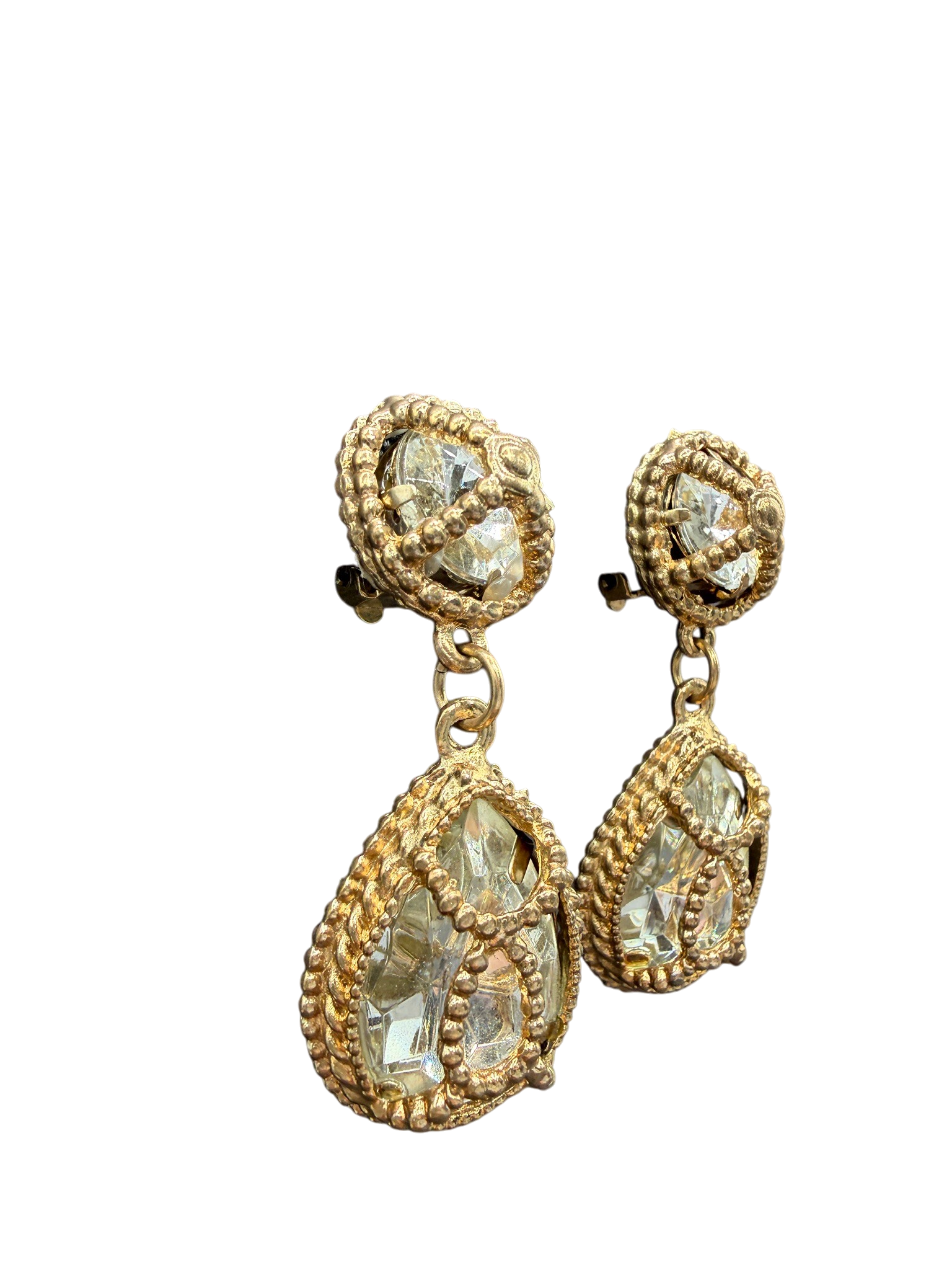 1960s Gold-Tone Rope Cage Drop Earrings with Encased Rhinestone