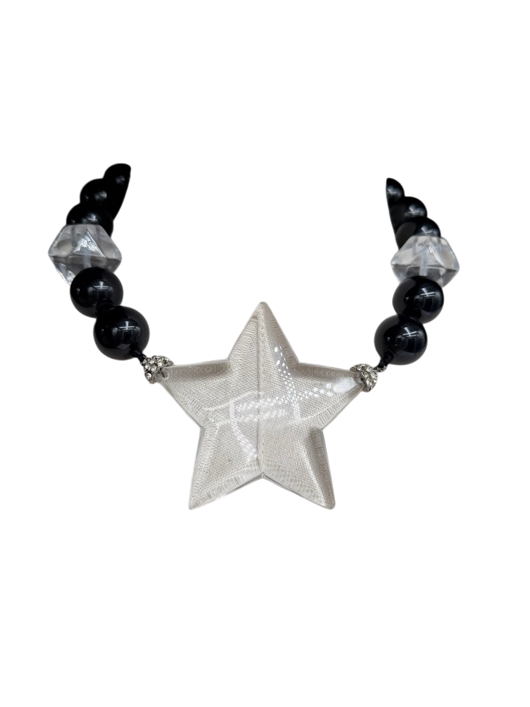 Rare 1980s Amen Wardy Black & Clear Lucite Beaded Necklace and Earring Set with Star Detail
