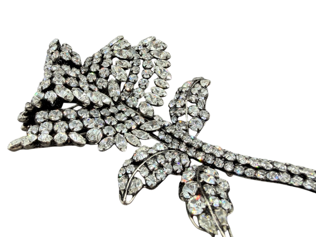 1950s Statement Austrian Crystal Floral Brooch with Leaves and Stem