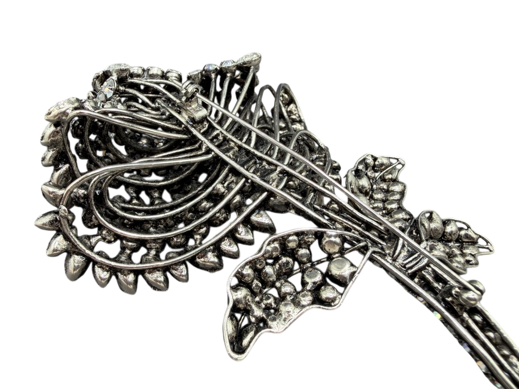 1950s Statement Austrian Crystal Floral Brooch with Leaves and Stem