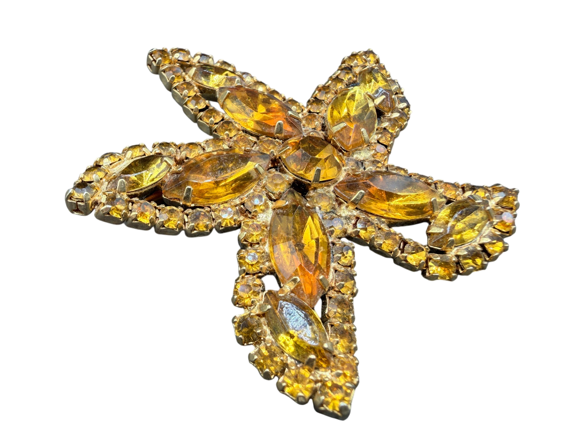 1950s Weiss Gold-Tone Starfish Brooch with Yellow Austrian Crystals