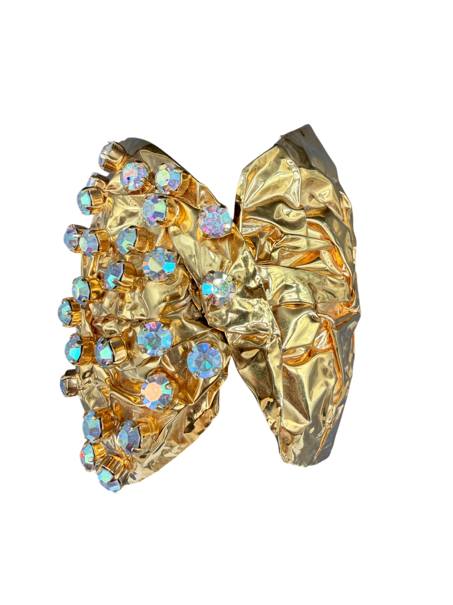 Rare 1980s Haute Couture Gianni De Liguoro Gold Crinkle Bow Cuff Bracelet with AB Swarovski Rhinestones