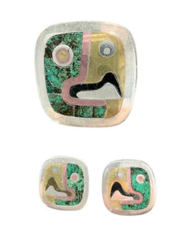 MCM Metales Los Castillo Mexican Mixed Metal Inlay Brooch/Pendant and Earring Set