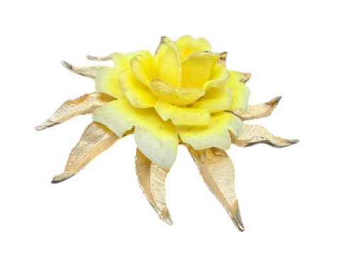 1960s Gold-Tone Leaf Brooch with Yellow Celluloid Rose Center