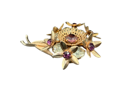 1950s Gold-Tone 3D Floral Brooch with Purple & Clear Rhinestones