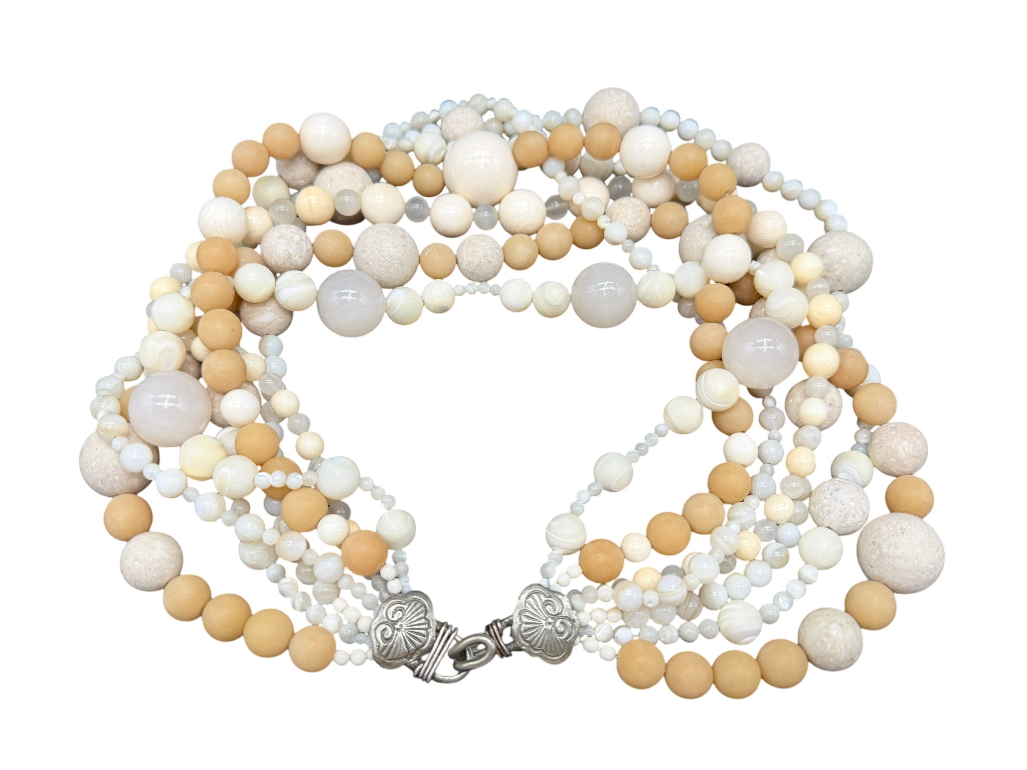1980s Stephen Dweck Seven-Strand Necklace with Bone, Snow Quartz & Agate