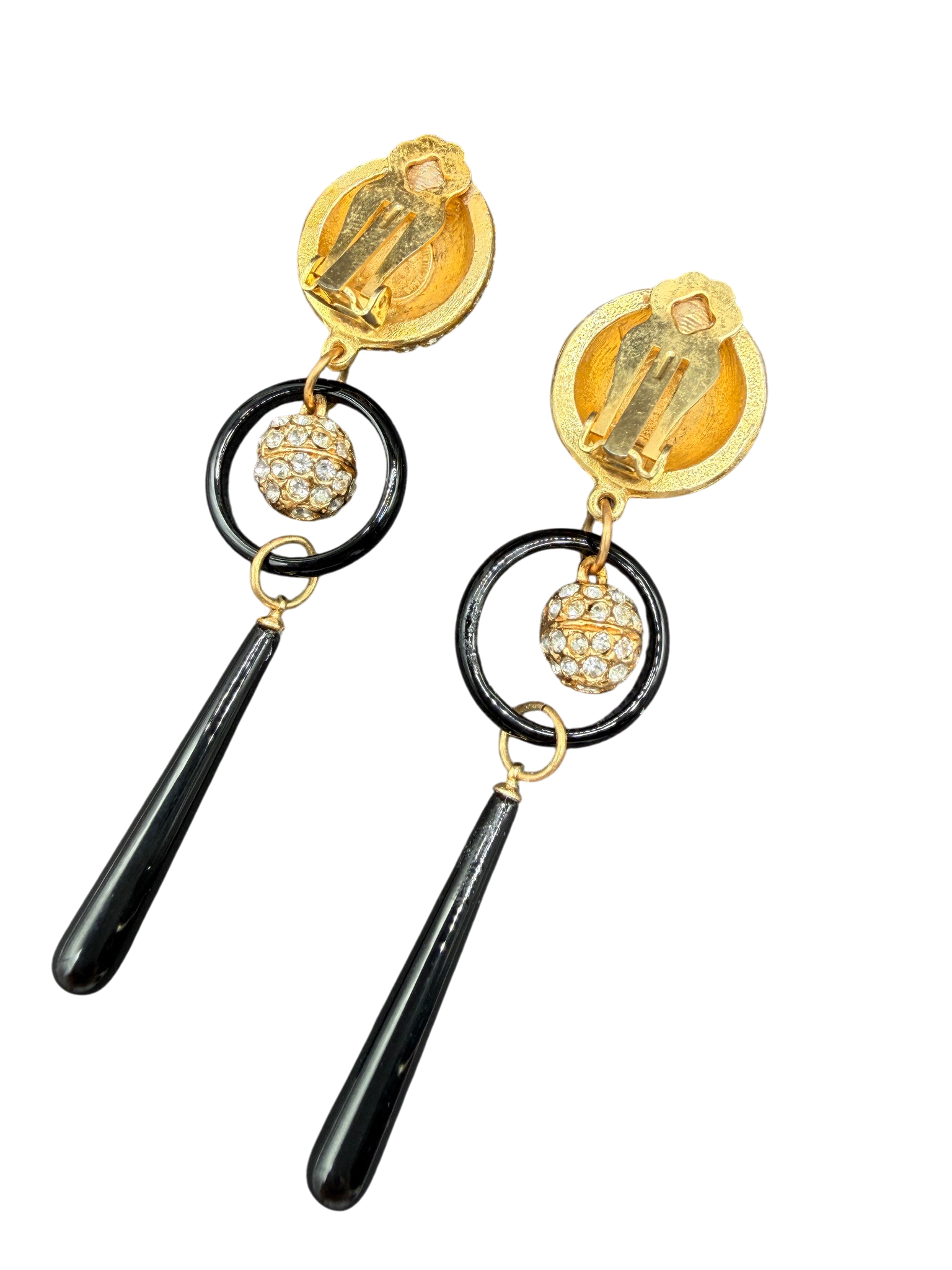 1980s Heidi Daus for Jim Walters Gold-Tone Ring with Crystal Pavé and Black Glass Drop