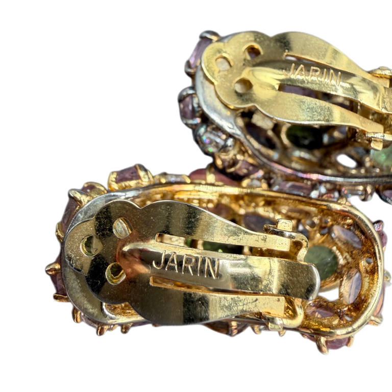 1980s Le Jardin Half-Hoop Earrings with Pastel Austrian Crystals