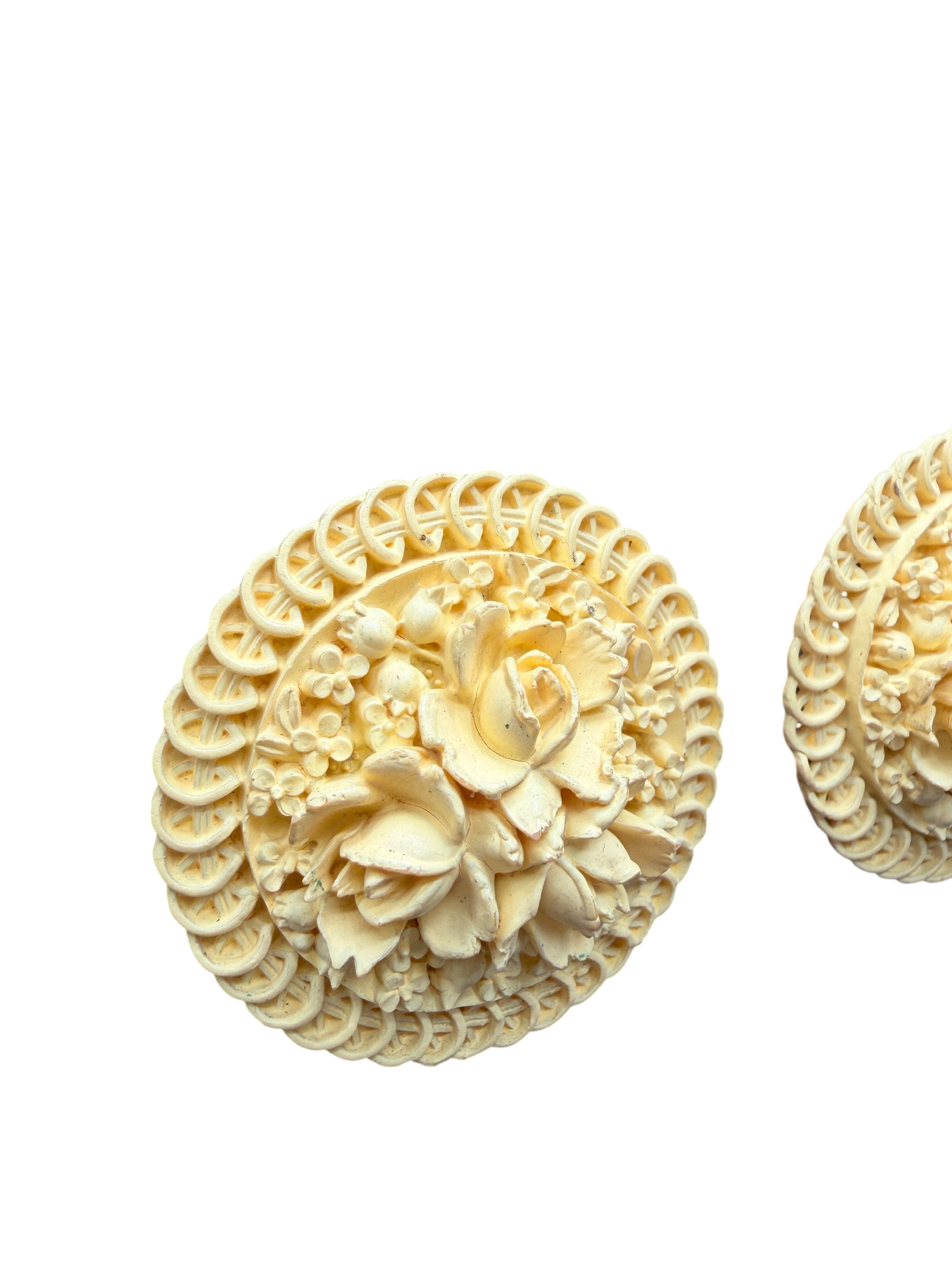 1950s Yellow Carved Celluloid Floral Clip Disc Earrings