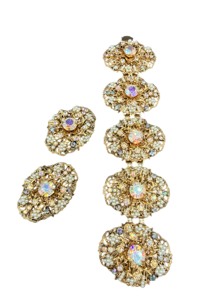 1950s Miriam Haskell AB Rhinestone & Faux Seed Pearl Statement Bracelet & Earring Set (Rare)