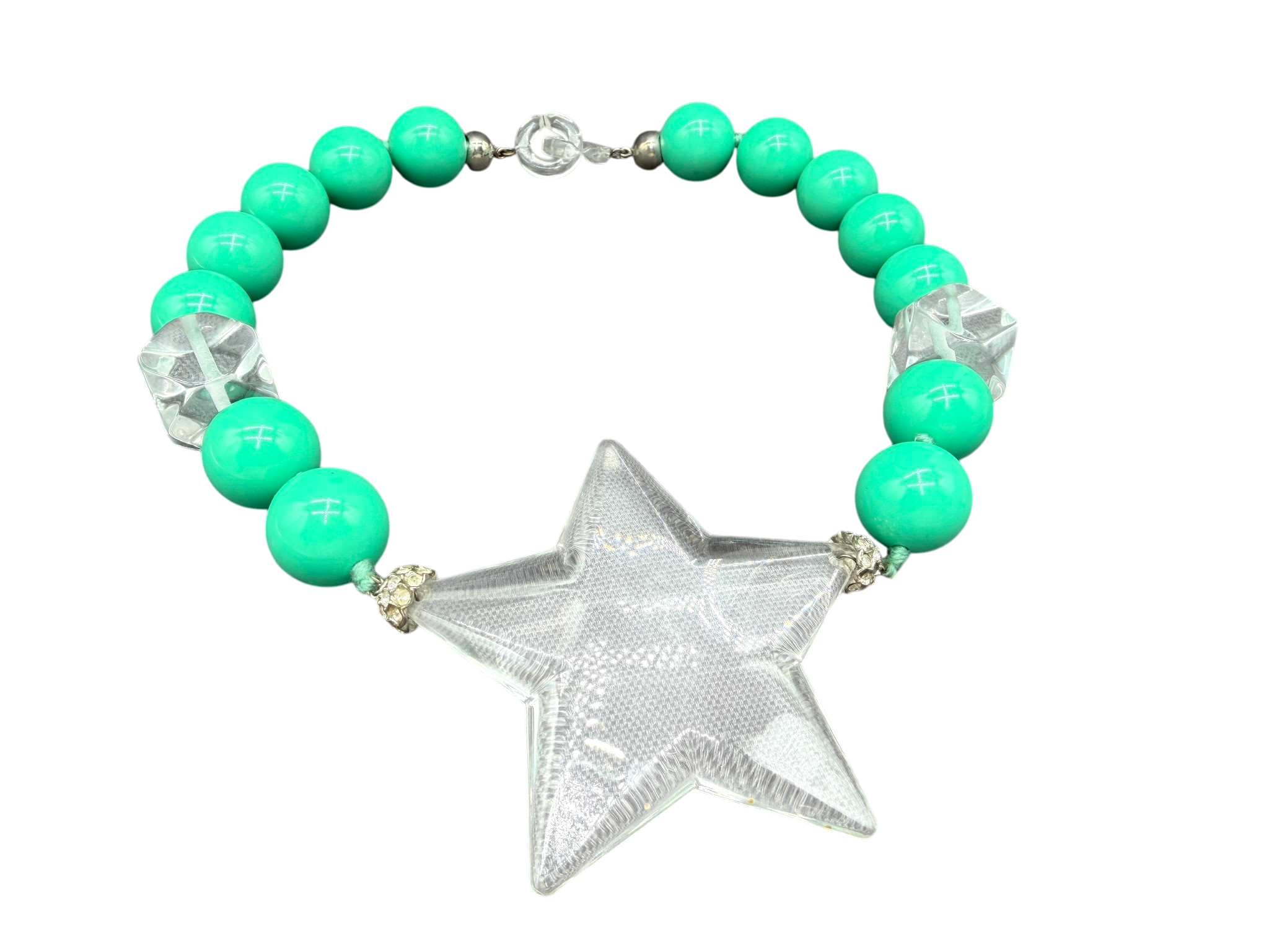 Rare 1980s Amen Wardy Teal & Clear Lucite Beaded Necklace and Earring Set with Star Detail